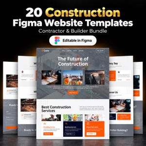 May include: A digital bundle of 20 construction website templates for Figma, featuring a contractor and builder theme. The design includes orange and gray color schemes, navigation menus, service sections, and placeholder text for construction businesses.