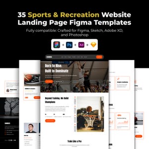May include: A black graphic with the text "35 Sports & Recreation Website Landing Page Figma Templates." The image shows website templates with basketball themes and is compatible with Figma, Sketch, Adobe XD, and Photoshop.