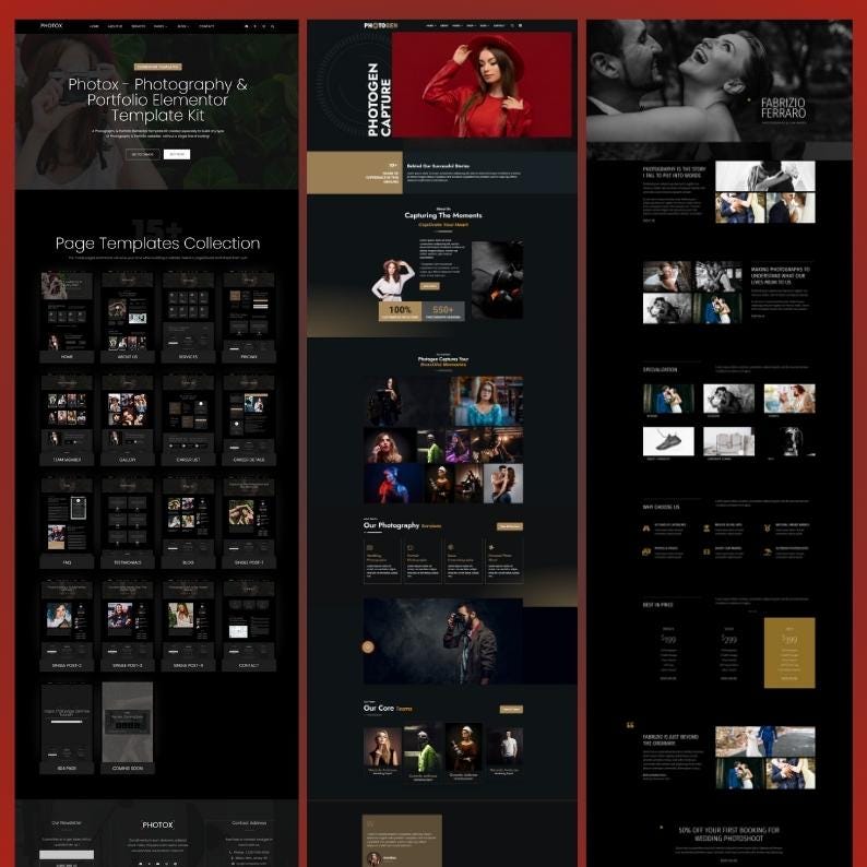 May include: A website template kit for photography businesses. The design features a dark color scheme with gold accents. The text "Photox - Photography & Portfolio Elementor Template Kit" is displayed at the top. The image includes sample photos and page templates.