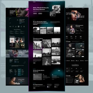 May include: A website design mockup with a dark theme, featuring text and images. The text includes "Make a Wonderful Story for Your Every Moments" and "CAPTURING MOMENT". The design showcases photography and creative agency services.