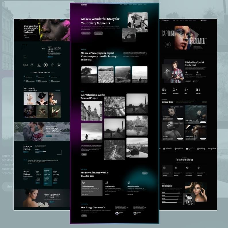 May include: A website design mockup with a dark theme, featuring text and images. The text includes "Make a Wonderful Story for Your Every Moments" and "CAPTURING MOMENT". The design showcases photography and creative agency services.
