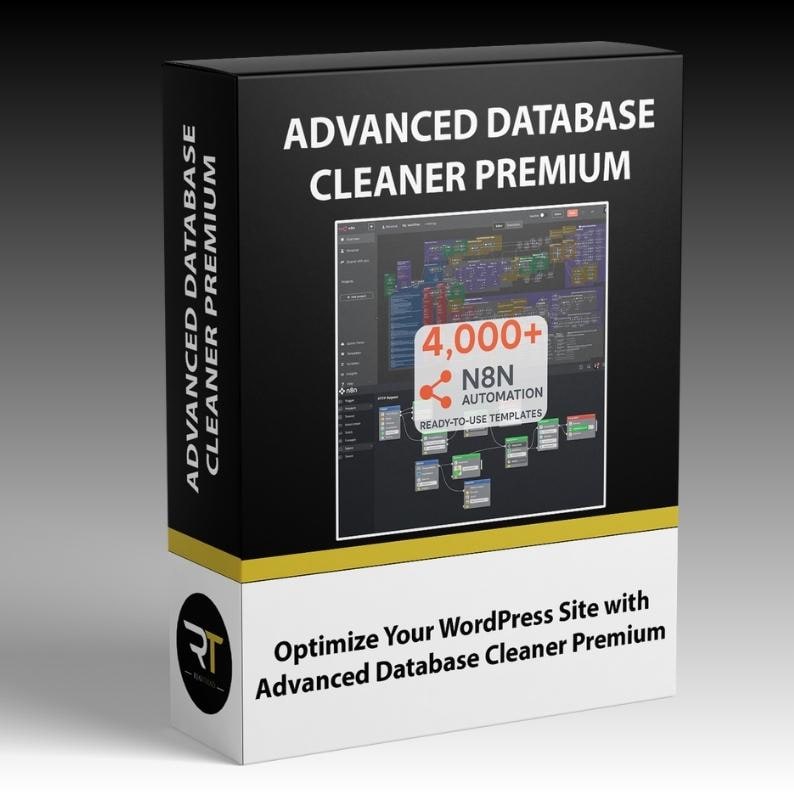 May include: A black and white box with the text "ADVANCED DATABASE CLEANER PREMIUM". The box also features the text "4,000+ N8N AUTOMATION READY-TO-USE TEMPLATES" and "Optimize Your WordPress Site with Advanced Database Cleaner Premium".