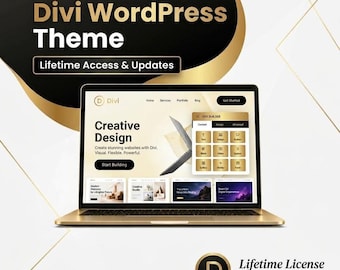 May include: A laptop displaying the Divi WordPress Theme interface with a gold and black color scheme. The screen shows the Divi Builder with various content modules, text reading Divi WordPress Theme, and Lifetime Access & Updates.