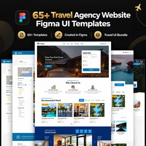 May include: A digital collection of 65+ travel agency website Figma UI templates. The display features multiple web page layouts including search bars, hotel listings, destination images, and booking forms with text labels like 65+ Templates and Travel UI Bundle.