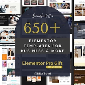 May include: A promotional image featuring a dark blue circular design with the text "Bundle Offer" and "650+". Below, it reads "Elementor Templates for Business & More" and "Elementor Pro Gift". The image also includes website screenshots.