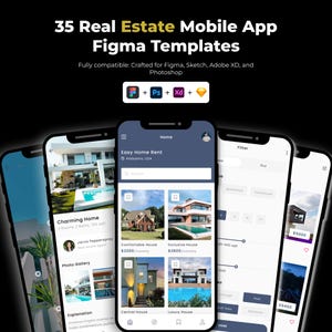 Könnte beinhalten: Eine digitale Sammlung von 35 Immobilien-App-Vorlagen, kompatibel mit Figma, Sketch, Adobe XD und Photoshop. Die Darstellung zeigt mehrere Smartphone-Bildschirme mit Mietobjekten, Suchfiltern und Fotogalerien für Immobilienanzeigen.