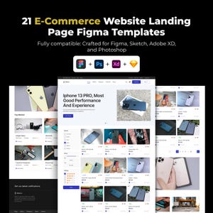 Puede incluir: Imagen promocional que muestra 21 plantillas Figma de páginas de destino de sitios web de comercio electrónico. El diseño incluye una variedad de diseños, con un enfoque en los teléfonos móviles. El texto dice "iPhone 13 PRO, Most Good Performance And Experience."