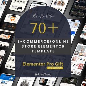 Pode incluir: Imagem promocional com vários smartphones exibindo modelos de sites de comércio eletrônico. O gráfico central diz "Bundle Offer 70+ E-COMMERCE/ONLINE STORE ELEMENTOR TEMPLATE" com o texto "Elementor Pro Gift". A imagem é escura e moderna.