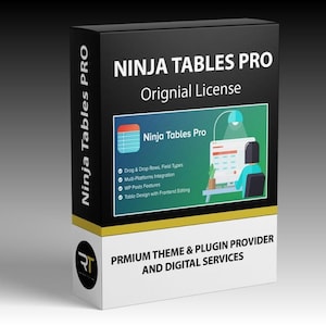 May include: A product box for "Ninja Tables Pro" with the text "Original License." The box is black with white text and a green and white graphic. The graphic shows a person working on a table design. The box also lists features like drag and drop rows and multi-platform integration.