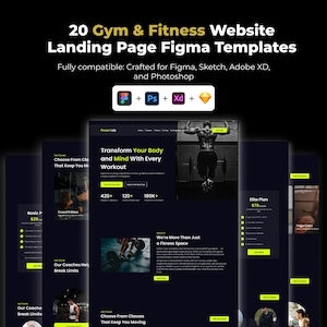 Può includere: Uno sfondo scuro mostra un design di modello di sito web per una pagina di destinazione di palestra e fitness. Il testo recita "20 modelli Figma per pagine di destinazione di siti Web di palestra e fitness". Il design include una varietà di layout e funzionalità.