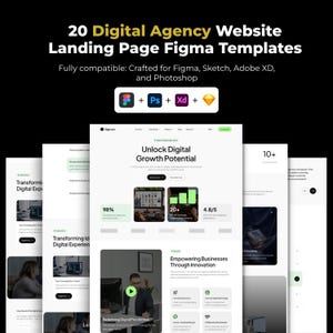 Puede incluir: Imagen promocional que muestra 20 plantillas Figma de páginas de destino de sitios web de agencias digitales. La imagen presenta varias maquetas de diseño web con el texto "Unlock Digital Growth Potential" e iconos para Figma, Photoshop, Adobe XD y Sketch.