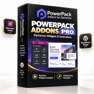 May include: A black rectangular software box for PowerPack Addons Pro for Elementor. The front displays the product name, a preview of the interface, and icons for premium widgets and a license key. Two small square badges indicate Elementor Ready and WordPress Plugin compatibility.
