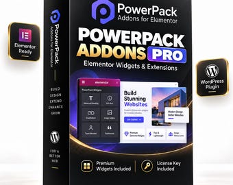 May include: A black rectangular software box for PowerPack Addons Pro for Elementor. The front displays the product name, a preview of the interface, and icons for premium widgets and a license key. Two small square badges indicate Elementor Ready and WordPress Plugin compatibility.