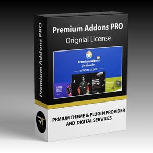 May include: A black box with the text "Premium Addons PRO Original License." The box features a blue and white graphic with the words "Premium Addons for elementor - OFFICIAL LICENSE." The bottom of the box reads "PRMIUM THEME & PLUGIN PROVIDER AND DIGITAL SERVICES."