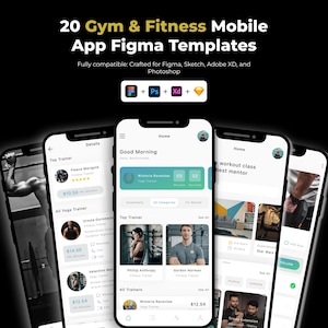 May include: A promotional image showcasing a mobile app design for gym and fitness. The image displays several smartphone screens with app interfaces, including trainer profiles and workout class information. Text reads "20 Gym & Fitness Mobile App Figma Templates."