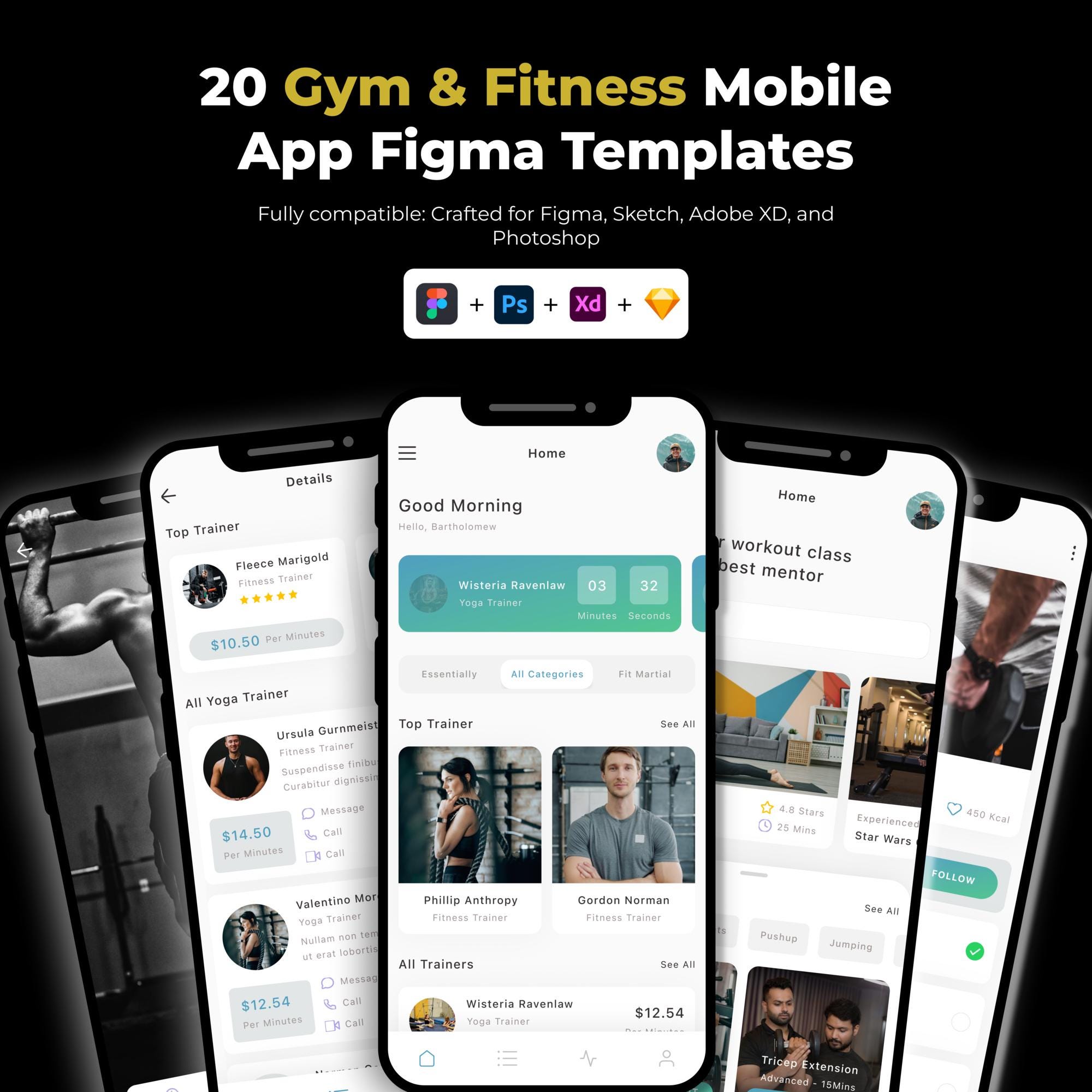 Plantilla de aplicación móvil de fitness (20 pantallas)