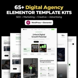 May include: A collection of 65+ digital agency Elementor template kits for WordPress, featuring various website layouts with text including Unlock Digital Growth Potential, SEO, Marketing, Creative, Advertising, and Empowering Businesses Through Innovation.