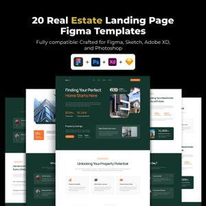 Peut inclure: Sur fond noir, le texte "20 Modèles de pages de destination immobilières Figma". L'image présente plusieurs modèles de conception de sites web verts foncés et blancs. Les modèles sont compatibles avec Figma, Sketch, Adobe XD et Photoshop.