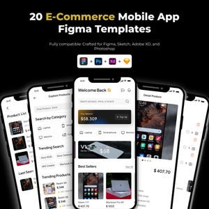 May include: An image promoting 20 e-commerce mobile app Figma templates. The graphic features multiple smartphone screens displaying app interfaces for product browsing and user interaction. The text highlights compatibility with Figma, Sketch, Adobe XD, and Photoshop.