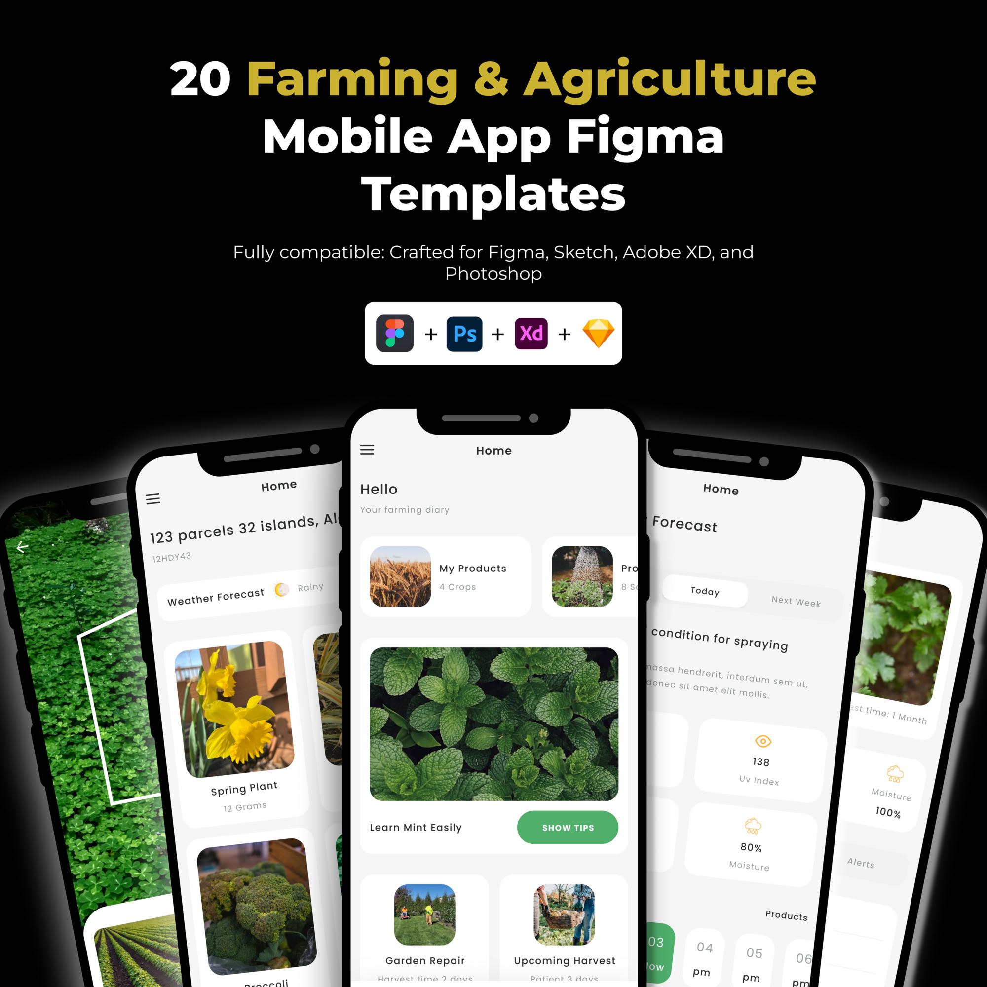 Peut inclure: Un ensemble de 20 modèles d'applications mobiles pour l'agriculture et l'élevage, compatibles avec Figma, Sketch, Adobe XD et Photoshop. L'image présente plusieurs écrans de smartphone affichant des tableaux de bord agricoles.