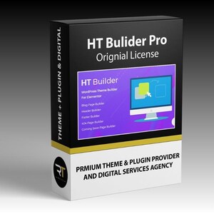 May include: A black and white box with the text "HT Bulider Pro Original License." The box also displays "HT Builder" and a list of features, including "WordPress Theme Builder" and "Blog Page Builder." The bottom of the box reads "PRMIUM THEME & PLUGIN PROVIDER AND DIGITAL SERVICES AGENCY."