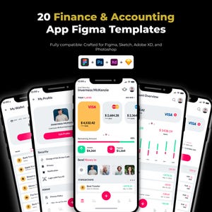 May include: A graphic showcasing 20 Finance & Accounting App Figma Templates. The image displays several smartphones with app interfaces, featuring financial data, charts, and user profiles. The design is modern, with a black background and colorful accents.