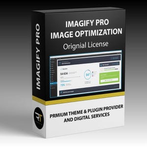 以下が含まれることがあります： 「IMAGIFY PRO IMAGE OPTIMIZATION Original License」と書かれた黒い箱。ソフトウェアインターフェースのスクリーンショットも表示されています。箱の下部には「PRMIUM THEME & PLUGIN PROVIDER AND DIGITAL SERVICES」と書かれています。