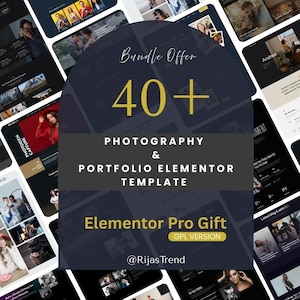 Puede incluir: Imagen oscura que presenta una oferta de paquete para una plantilla Elementor de fotografía y portafolio. El texto dice "Bundle Offer 40+ Photography & Portfolio Elementor Template". También se destaca el Elementor Pro Gift.