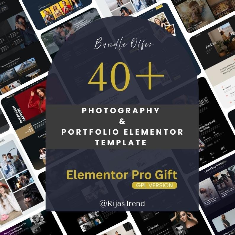 May include: A dark image featuring a bundle offer for a photography and portfolio Elementor template. The text reads "Bundle Offer 40+ Photography & Portfolio Elementor Template." The Elementor Pro Gift is also highlighted.