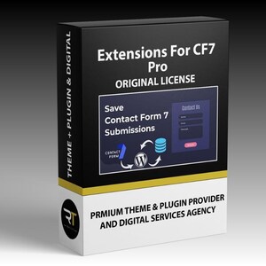 May include: A black and white box with the text "Extensions For CF7 Pro ORIGINAL LICENSE". The box also displays "Save Contact Form 7 Submissions" and a "Contact Us" form. The bottom of the box reads "PRMIUM THEME & PLUGIN PROVIDER AND DIGITAL SERVICES AGENCY".