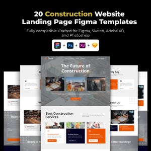 May include: A digital product mockup showcasing 20 construction website landing page Figma templates. The design includes website layouts with images and text, with the text "20 Construction Website Landing Page Figma Templates". Compatible with Figma, Sketch, Adobe XD, and Photoshop.