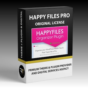 Peut inclure: Une boîte noire et blanche avec le texte "HAPPY FILES PRO ORIGINAL LICENSE" et "HAPPYFILES Organizer Plugin". La boîte comprend également le texte "Organize your WordPress Media Files & Post Types like a Pro."
