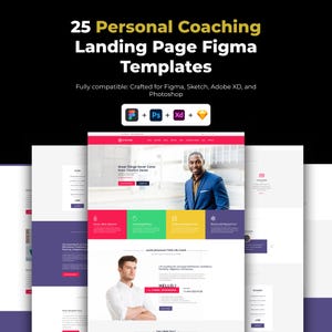 Op de afbeelding: Een digitaal ontwerp met 25 Figma-sjablonen voor bestemmingspagina's voor persoonlijke coaching. Het ontwerp is volledig compatibel met Figma, Sketch, Adobe XD en Photoshop. De tekst "Great Things Never Came From Comfort Zones" is inbegrepen.