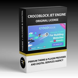 Peut inclure: Une boîte de produit avec le texte "CROCOBLOCK JET ENGINE ORIGINAL LICENSE". La boîte présente un graphique bleu et blanc avec les mots "Ultimate Toolkit For Building Websites with Elementor". La boîte comprend également le texte "PRMIUM THEME & PLUGIN PROVIDER AND DIGITAL SERVICES AGENCY."