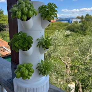 Könnte beinhalten: Ein weißer vertikaler Garten mit mehreren Taschen, die verschiedene grüne Kräuter enthalten. Der Pflanztopf ist zylindrisch mit geripptem Sockel und vor dem Hintergrund von Grün und blauem Himmel platziert.