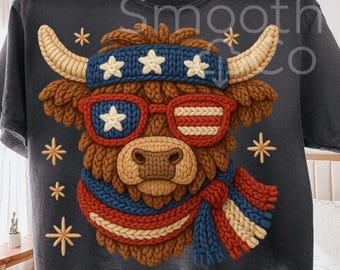Patriotic Highland Cow PNG, USA Flag Sunglasses and Headband Sublimation, 4th of July Gift, Digital Download