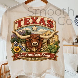 Pode incluir: Camiseta creme com um gráfico detalhado do Texas. O design inclui a palavra "TEXAS" em uma faixa vermelha e bege, um longhorn e o texto "The Lone Star State EST. 1845".