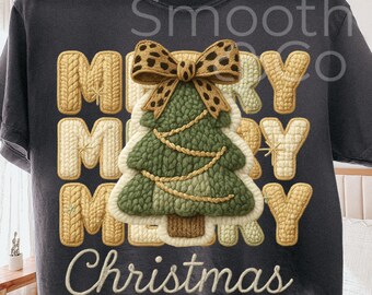 Merry Christmas PNG, Cozy Winter Gift, Lettering Tree with Leopard Bow Sublimation, Digital Download