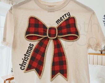 Buffalo Plaid Christmas Bow PNG, Merry Script Sublimation, Rustic Holiday Farmhouse Gift, Digital Download