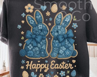 Happy Easter Bunny PNG, Floral Rabbits with Bows Sublimation, Holiday Spring Gift, Digital Download