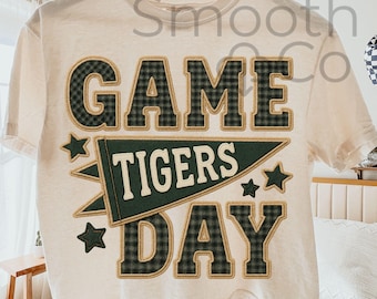 Game Day Tigers PNG, Varsity Pennant Sublimation Design, Plaid Look for T-Shirts, Digital Download