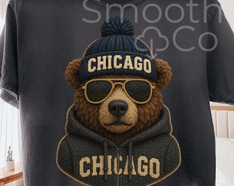 Chicago City Bear PNG, Hoodie and Beanie Gift, Cool Sunglasses Bear Sublimation, Digital Download