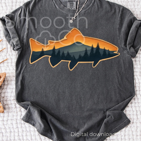 Trout Sunset Mountain PNG, Fishing Forest Landscape Sublimation, Fish Silhouette Outdoorsman, Digital Download