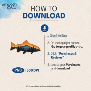 May include: An instructional graphic with the title "HOW TO DOWNLOAD" and a fish-shaped design. The image provides step-by-step instructions for downloading a purchase from Etsy, including signing in, navigating to the profile photo, and locating purchases.