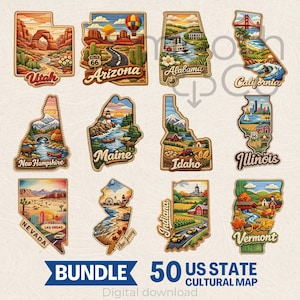 Op de afbeelding: Een verzameling geborduurde patches in de vorm van Amerikaanse staten, die iconische bezienswaardigheden en landschappen uitbeelden. Staten als Utah, Arizona en Californië zijn vertegenwoordigd. Elke patch is gelabeld met de staatsnaam. De tekst "BUNDLE 50 US STATE CULTURAL MAP" is zichtbaar.