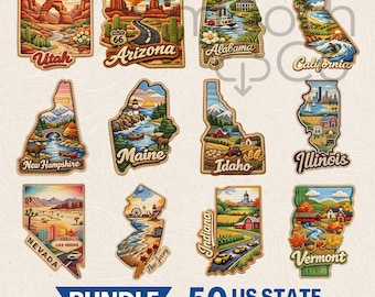 50 US State Cultural Map Bundle, Retro Travel Stickers PNG, USA souvenirs Gift Sublimation, Digital Download