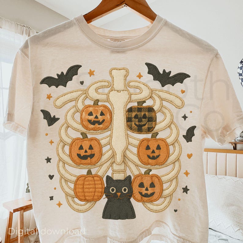 Pumpkin Rib Cage Shirt PNG, Cute Skeleton With Jack-o-lanterns & Black ...