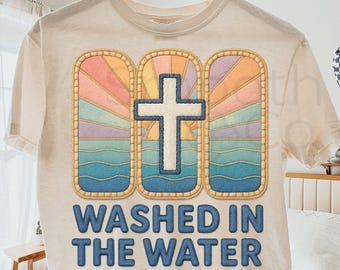 Washed In The Water PNG, Stained Glass Cross With Pastel Sunrise Sublimation, Retro Baptism Gift, Digital Download