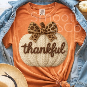 Thankful Pumpkin PNG, Cozy Knit Leopard Bow Thanksgiving Gift, Neutral Boho Fall Sublimation, Digital Download