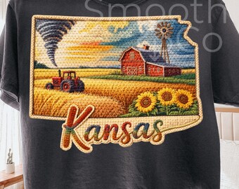Kansas PNG, Scenic State Outline Sublimation, Sunflower Field Barn and Tractor Midwest Gift, Digital Download
